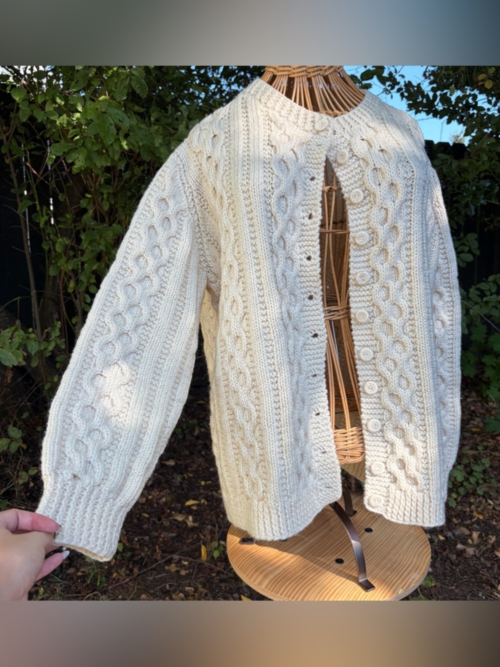 Vintage Handmade Cream Knit Wool Blend Fisherman Sweater Cardigan
